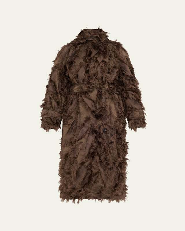 Fil Coupe Jacquard Fringe Belted Trench Coat